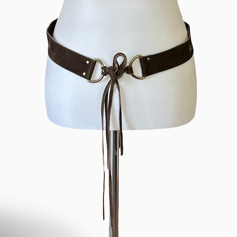 Vintage 70s Dark Brown Suede Fringe D-Ring Tie Belt M